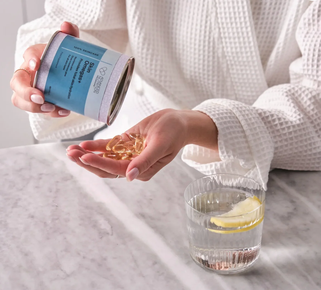 Advanced Nutrition Programme Skin Omegas+ supplement at Your Aesthetic in Berwick to support skin hydration and healthy-looking skin from within